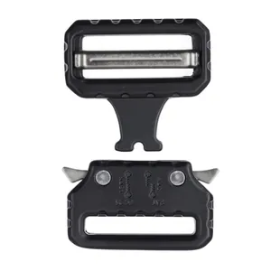 Macro view of tactical quick release cobra buckle with 18KN tensile strength alloy detail