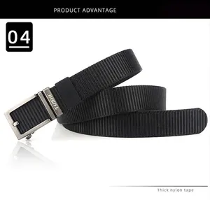 Detail of premium black nylon belt with matte metal automatic buckle and woven texture