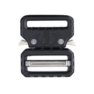 Detail of heavy-duty tactical buckle showing 9KN 18KN tensile strength and FC 25 logo