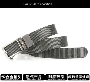Detail of grey nylon web belt featuring a zinc alloy automatic buckle with textured weave