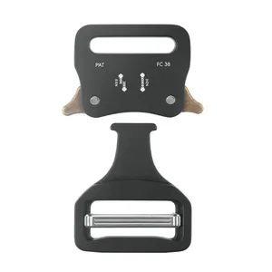 Detailed macro view of heavy duty zinc alloy tactical buckle with FC 38 model laser engraving