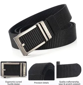 Close-up of tactical nylon belt with brushed alloy buckle and high-density woven texture