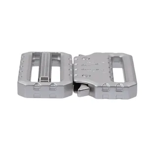 Macro shot of silver tactical quick-release metal buckle with high-strength 18kN markings