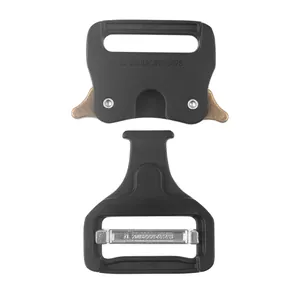 Close-up of tactical cobra metal buckle showing engraved model number and release lever