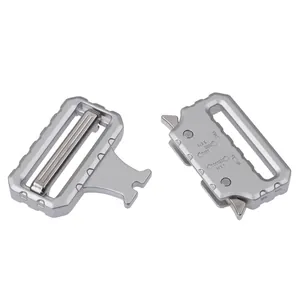 Macro view of FC 38 tactical metal buckle with 5KN strength markings for heavy duty belts