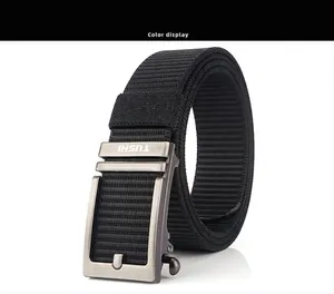 Detail of black nylon woven belt with a brushed metal automatic buckle and logo