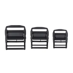 Three sizes of heavy-duty black plastic cam buckles for tactical belt webbing adjustment
