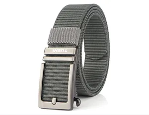 Detail of grey tactical nylon belt featuring a matte metal automatic buckle with TUSHI logo