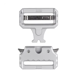 Macro detail of E2455 tactical metal buckle with matte silver finish and sturdy components