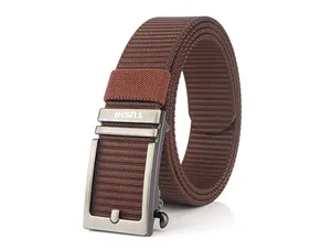 Detail of a brown nylon woven belt featuring a brushed metal automatic buckle with engraving