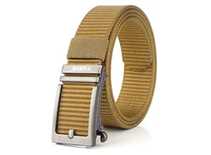 Detail shot of khaki nylon web belt with brushed metal automatic buckle and logo