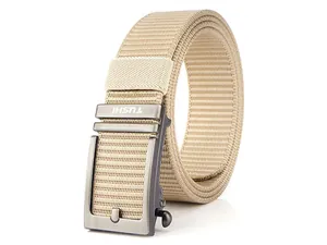 Detailed view of khaki nylon tactical belt featuring a metallic TUSHI automatic buckle