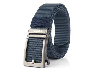 Close-up of navy nylon canvas belt with a brushed metal automatic buckle for men