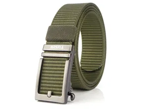 Macro shot of army green nylon belt with textured matte grey automatic metal buckle