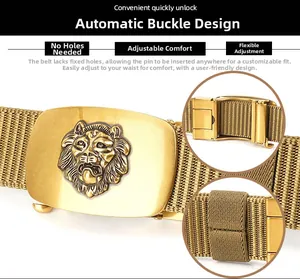 Detailed view of golden lion buckle with adjustable nylon canvas belt mechanism