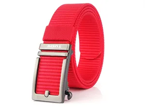 Close-up of red nylon woven belt with silver-tone alloy automatic buckle and TUSHI logo