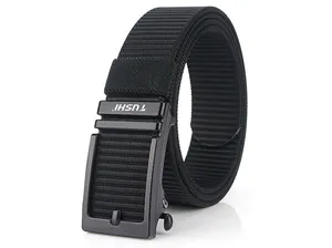 Detail of black nylon tactical belt with matte grey automatic buckle and TUSHI logo