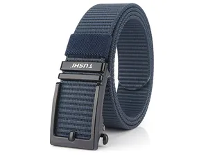 Detailed close-up of dark blue nylon woven belt with matte black automatic metal buckle