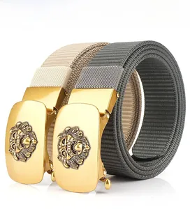 Nylon canvas belts for men featuring lion head embossed gold automatic metal buckles