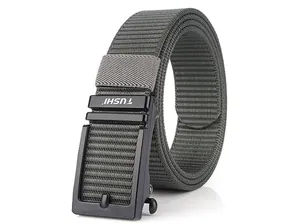 Close-up of grey tactical nylon web belt with matte black automatic metal buckle and texture