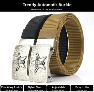 Detail of automatic zinc alloy buckle with bull head relief and woven nylon strap