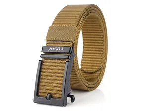 Close-up of khaki nylon webbing texture and black metal automatic buckle for tactical belt