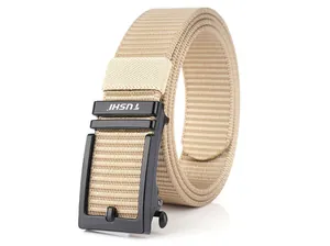 Close-up of khaki nylon tactical belt with black alloy automatic buckle and weave texture