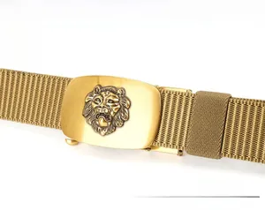 Detail of tactical khaki nylon belt featuring a gold lion head relief automatic buckle