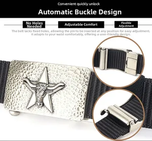 Detail of vintage silver automatic buckle with embossed star on black nylon belt