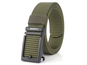 Detail of army green nylon tactical belt with black matte automatic metal buckle
