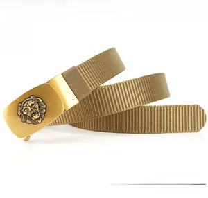 Detail of durable nylon belt band with a heavy-duty gold lion head buckle