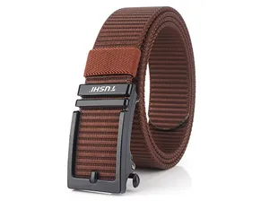 Detail of the dark brown nylon belt with a black metal automatic buckle and white logo