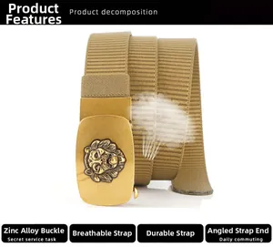 Detail view of khaki nylon belt with golden lion head buckle and oblique cut end