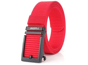 Detail of red tactical nylon belt with matte black automatic buckle and TUSHI logo