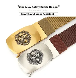 Zinc alloy buckle with lion head relief on thick nylon tactical waist belts