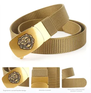 Detailed view of khaki canvas belt with gold lion head buckle and ergonomic design