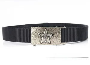 Detail of 3.5cm nylon belt featuring quick-release metal buckle with star and bull relief