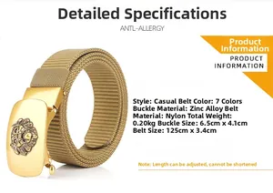 Detail of khaki nylon belt with golden lion head buckle and product specifications
