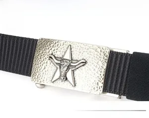 Detail of western style bull head buckle and adjustable black woven nylon belt strap