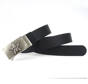 Detail showing thick black nylon belt strap and alloy buckle with bull head pattern