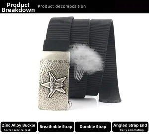 Zinc alloy buckle with star relief and breathable black nylon tactical belt texture