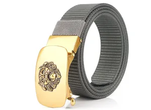 Detailed shot of heavy-duty nylon belt with golden metal automatic lion head buckle