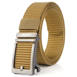 Khaki nylon canvas belt with minimalist metal automatic buckle for casual men's style