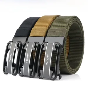 Three durable nylon tactical belts in black, khaki and olive green with metal buckles