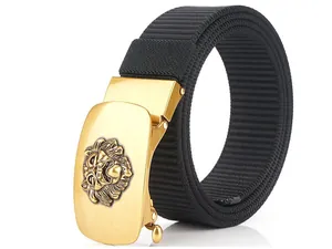 Detailed close-up of golden metal lion head buckle and black nylon braided tactical belt