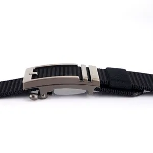Men's black nylon canvas belt with silver alloy automatic buckle and textured weave