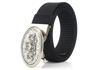 Close-up of black nylon tactical belt featuring a silver wolf head relief alloy buckle