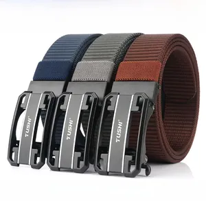Three nylon belts in blue, gray, and brown with zinc alloy automatic buckles and textured weave