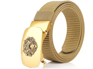 Close-up of golden lion buckle with khaki woven nylon belt on a white background