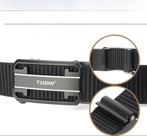 Detail of nylon tactical belt featuring automatic buckle and hole-less adjustable design